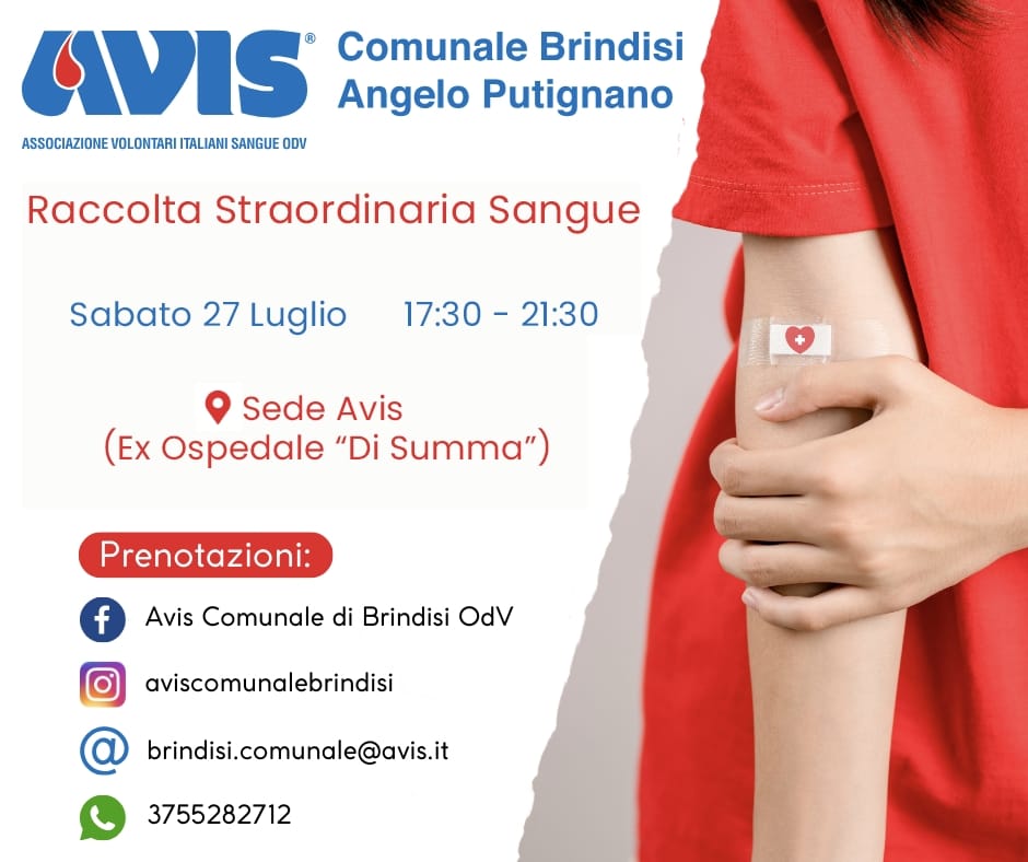Brindisi: AVIS, Raccolta Straordinaria di Sangue del 27 Luglio