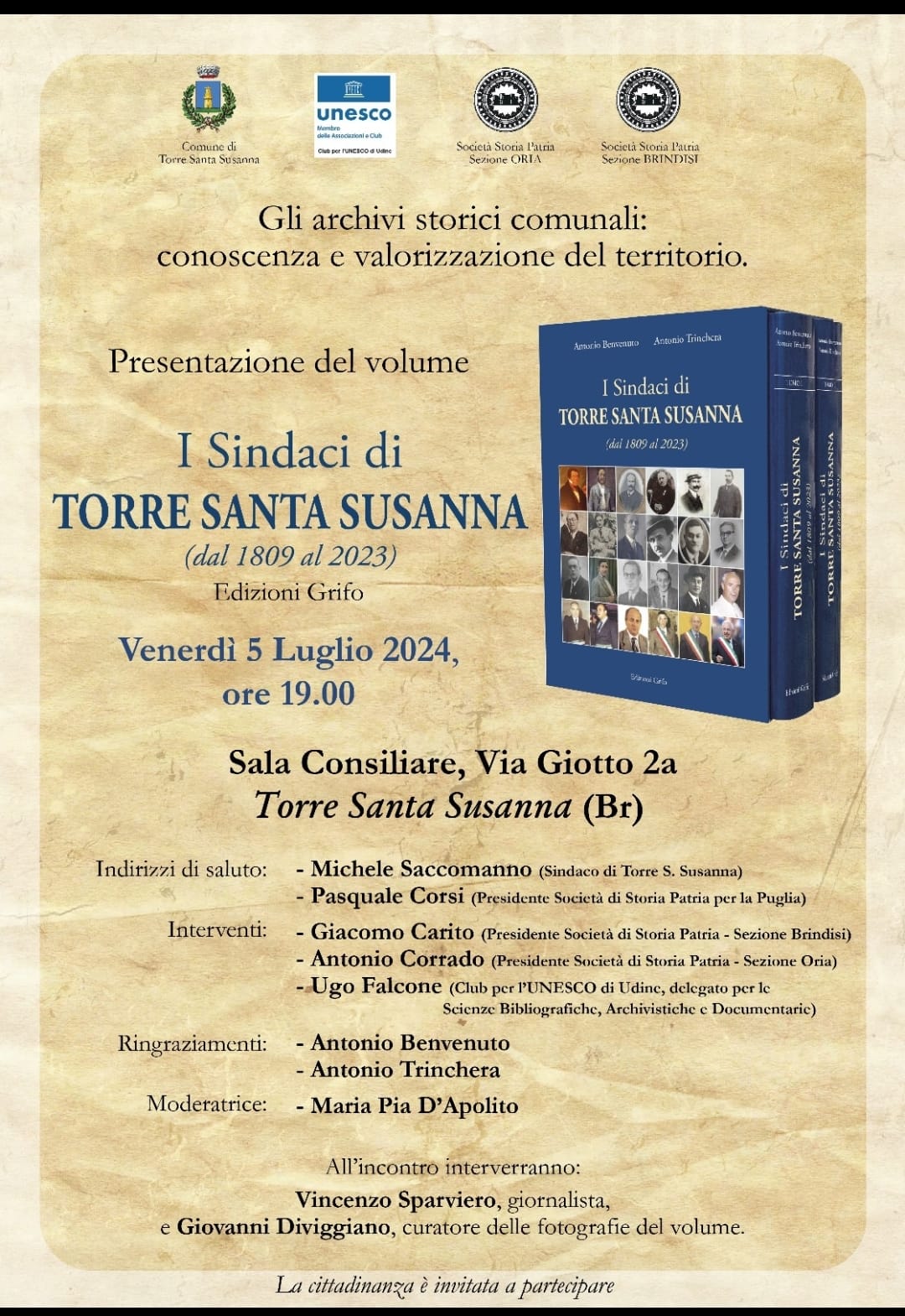 Torre S. Susanna: Presentazione libro "I Sindaci di Torre S. Susanna dal 1809 al 2023"